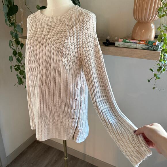 Beige Knit Sweater Medium Women Ribbed Cotton Pullover Minimalist Cozy Chic - Picture 4 of 7